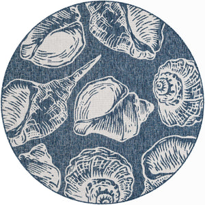 Navy Blue and Ivory 6' 1 x 6' 1 Outdoor Coastal Round Area Rug Weather Resistant for Patio, Deck, Terrace, Balcony, Porch 100% Polypropylene Coastal Decor Carpet for Sale at Rug Engine