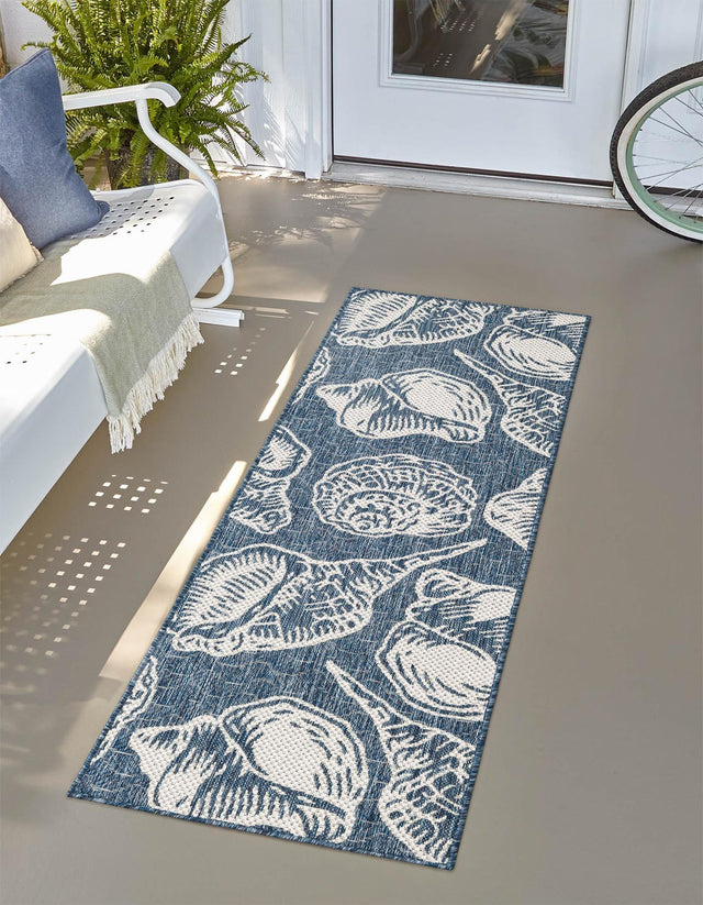 Navy Blue and Ivory 2' x 8' Outdoor Coastal Runner Area Rug Weather Resistant for Patio, Deck, Terrace, Balcony, Porch 100% Polypropylene Coastal Decor Carpet for Sale at Rug Engine