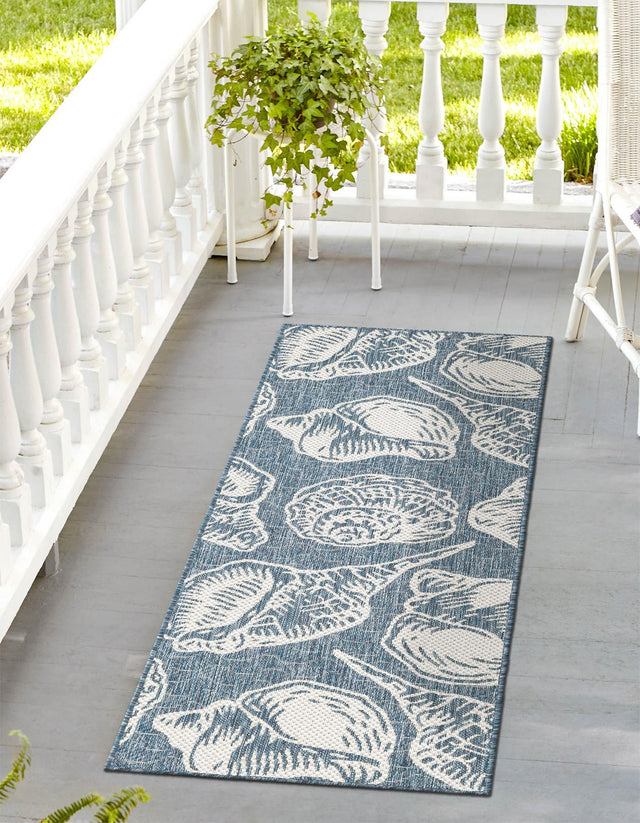 Navy Blue and Ivory 2' x 8' Outdoor Coastal Runner Area Rug Weather Resistant for Patio, Deck, Terrace, Balcony, Porch 100% Polypropylene Coastal Decor Carpet for Sale at Rug Engine