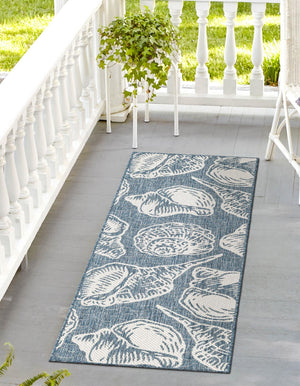 Navy Blue and Ivory 2' x 6' 1 Outdoor Coastal Runner Area Rug Weather Resistant for Patio, Deck, Terrace, Balcony, Porch 100% Polypropylene Coastal Decor Carpet for Sale at Rug Engine