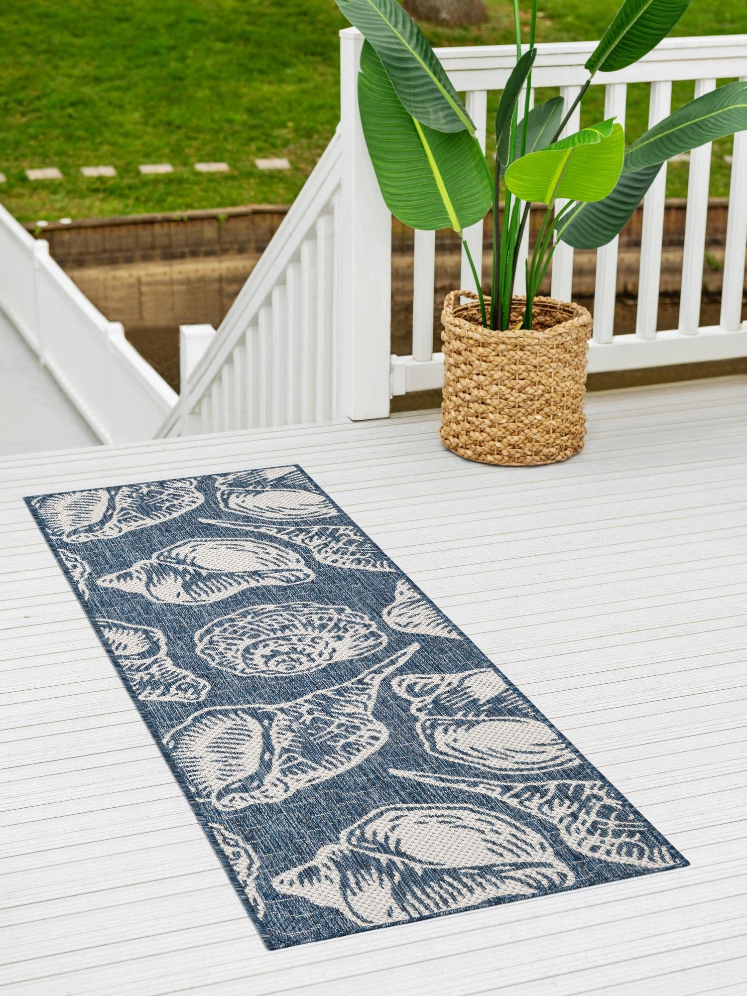 Navy Blue and Ivory 2' 7 x 12' Outdoor Coastal Runner Area Rug Weather Resistant for Patio, Deck, Terrace, Balcony, Porch 100% Polypropylene Coastal Decor Carpet for Sale at Rug Engine