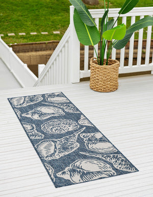Navy Blue and Ivory 2' 7 x 12' Outdoor Coastal Runner Area Rug Weather Resistant for Patio, Deck, Terrace, Balcony, Porch 100% Polypropylene Coastal Decor Carpet for Sale at Rug Engine