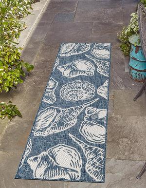 Navy Blue and Ivory 2' 7 x 12' Outdoor Coastal Runner Area Rug Weather Resistant for Patio, Deck, Terrace, Balcony, Porch 100% Polypropylene Coastal Decor Carpet for Sale at Rug Engine