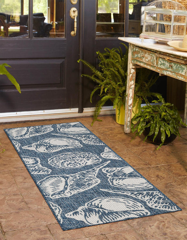 Navy Blue and Ivory 2' x 8' Outdoor Coastal Runner Area Rug Weather Resistant for Patio, Deck, Terrace, Balcony, Porch 100% Polypropylene Coastal Decor Carpet for Sale at Rug Engine