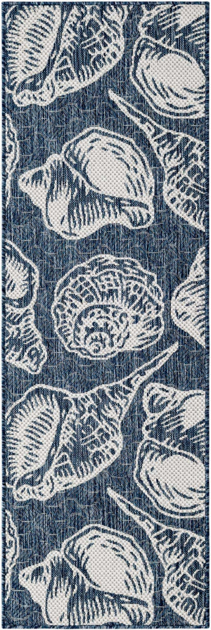 Navy Blue and Ivory 2' x 6' 1 Outdoor Coastal Runner Area Rug Weather Resistant for Patio, Deck, Terrace, Balcony, Porch 100% Polypropylene Coastal Decor Carpet for Sale at Rug Engine