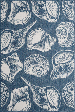 Navy Blue and Ivory 6' 1 x 9' Outdoor Coastal Rectangle Area Rug Weather Resistant for Patio, Deck, Terrace, Balcony, Porch 100% Polypropylene Coastal Decor Carpet for Sale at Rug Engine