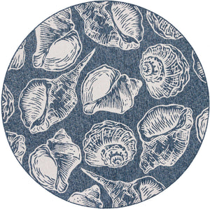 Navy Blue and Ivory 7' 10 x 7' 10 Outdoor Coastal Round Area Rug Weather Resistant for Patio, Deck, Terrace, Balcony, Porch 100% Polypropylene Coastal Decor Carpet for Sale at Rug Engine