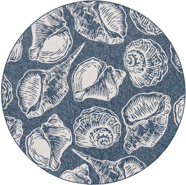 Navy Blue and Ivory 7' 10 x 7' 10 Outdoor Coastal Round Area Rug Weather Resistant for Patio, Deck, Terrace, Balcony, Porch 100% Polypropylene Coastal Decor Carpet for Sale at Rug Engine