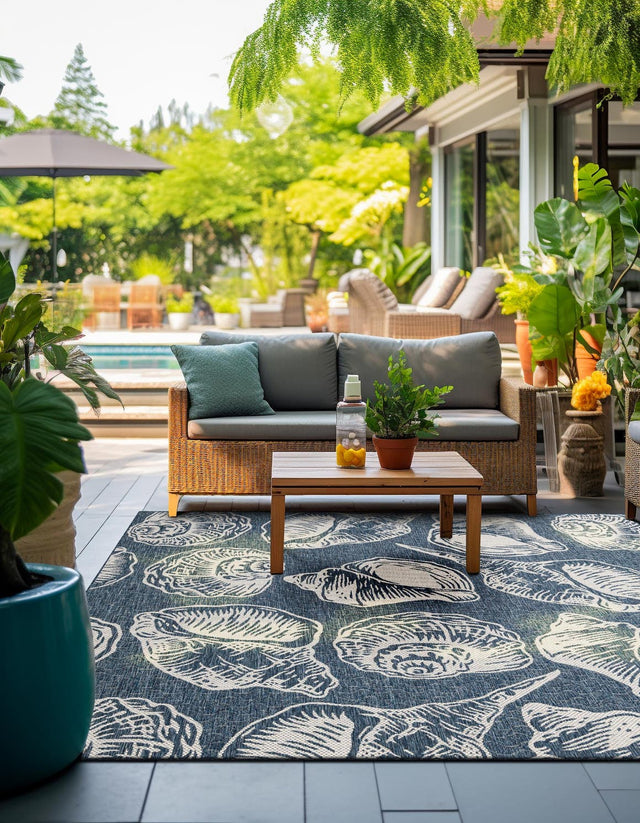 Navy Blue and Ivory 12' x 12' Outdoor Coastal Square Area Rug Weather Resistant for Patio, Deck, Terrace, Balcony, Porch 100% Polypropylene Coastal Decor Carpet for Sale at Rug Engine