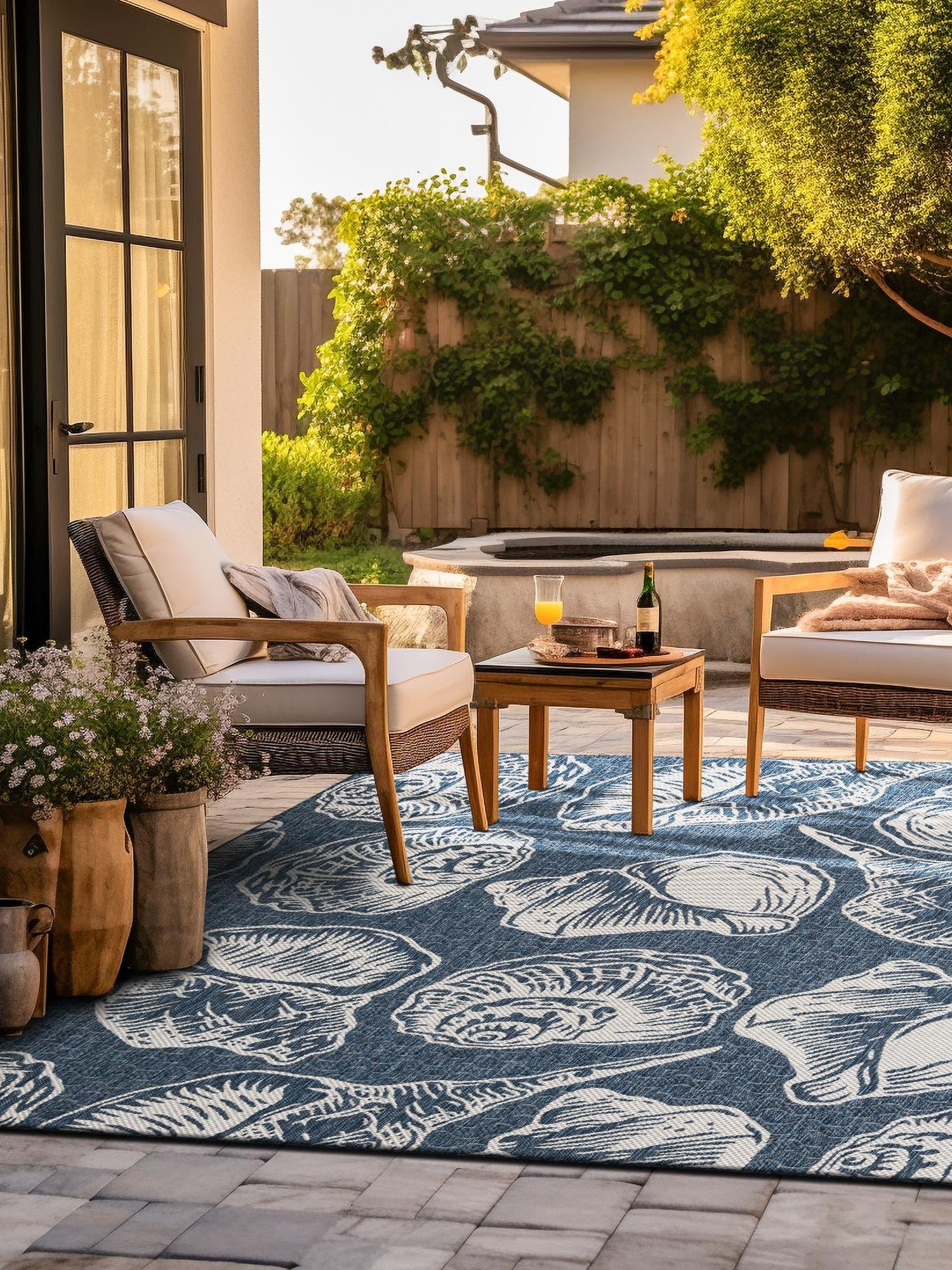 Navy Blue and Ivory 10' x 10' Outdoor Coastal Square Area Rug Weather Resistant for Patio, Deck, Terrace, Balcony, Porch 100% Polypropylene Coastal Decor Carpet for Sale at Rug Engine