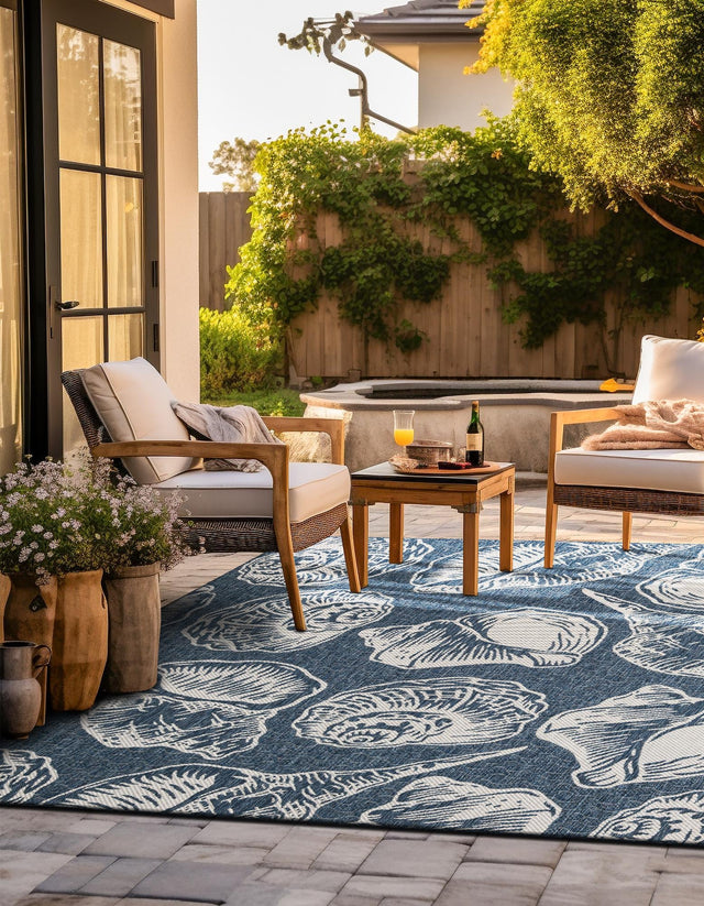 Navy Blue and Ivory 10' x 10' Outdoor Coastal Square Area Rug Weather Resistant for Patio, Deck, Terrace, Balcony, Porch 100% Polypropylene Coastal Decor Carpet for Sale at Rug Engine