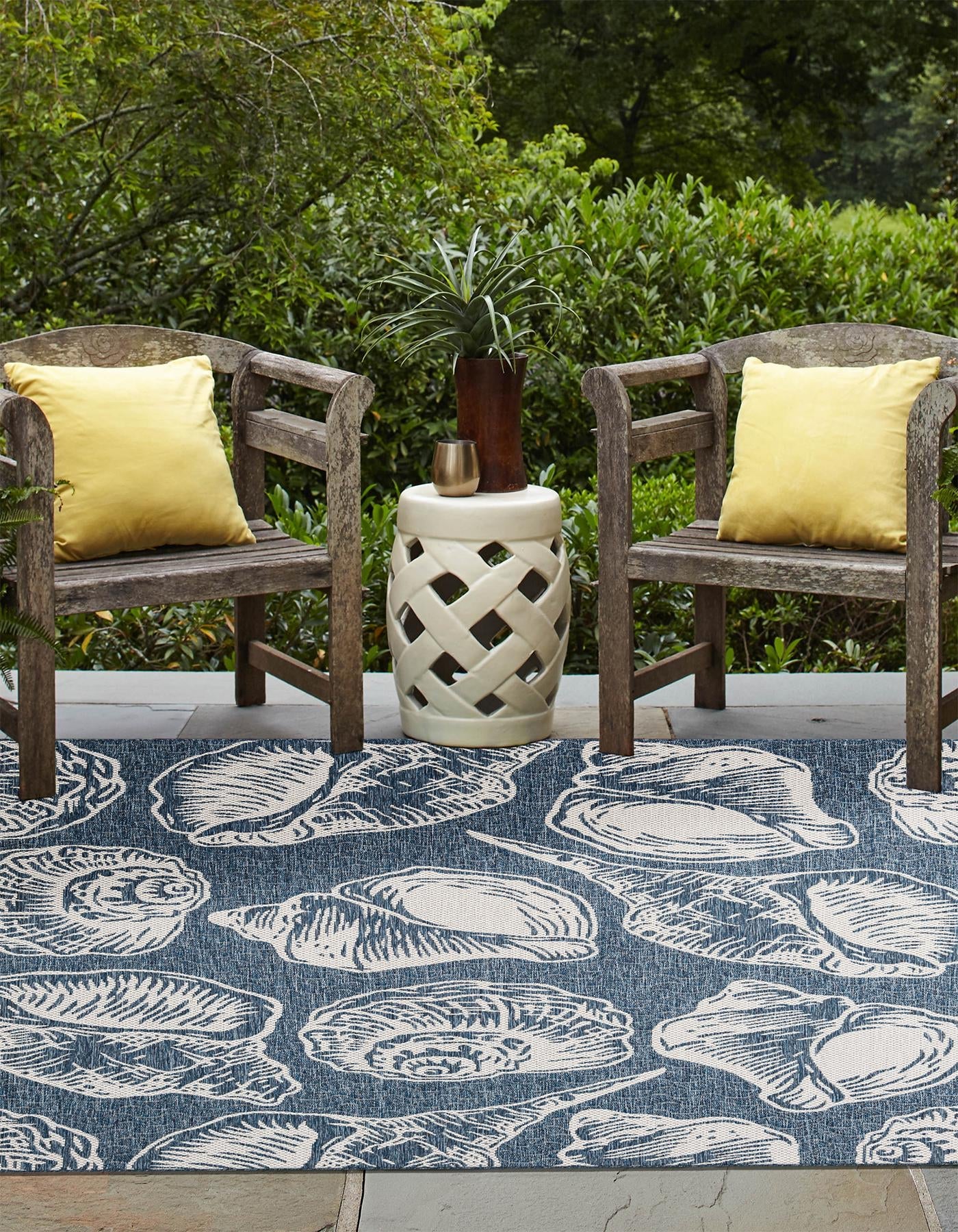 Navy Blue and Ivory 7' 10 x 7' 10 Outdoor Coastal Square Area Rug Weather Resistant for Patio, Deck, Terrace, Balcony, Porch 100% Polypropylene Coastal Decor Carpet for Sale at Rug Engine