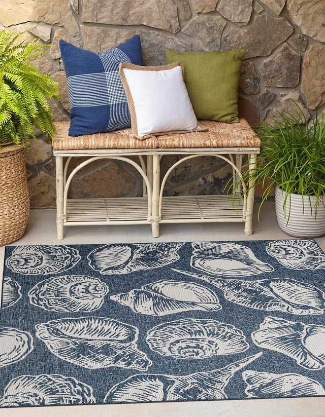 Navy Blue and Ivory 12' x 12' Outdoor Coastal Square Area Rug Weather Resistant for Patio, Deck, Terrace, Balcony, Porch 100% Polypropylene Coastal Decor Carpet for Sale at Rug Engine