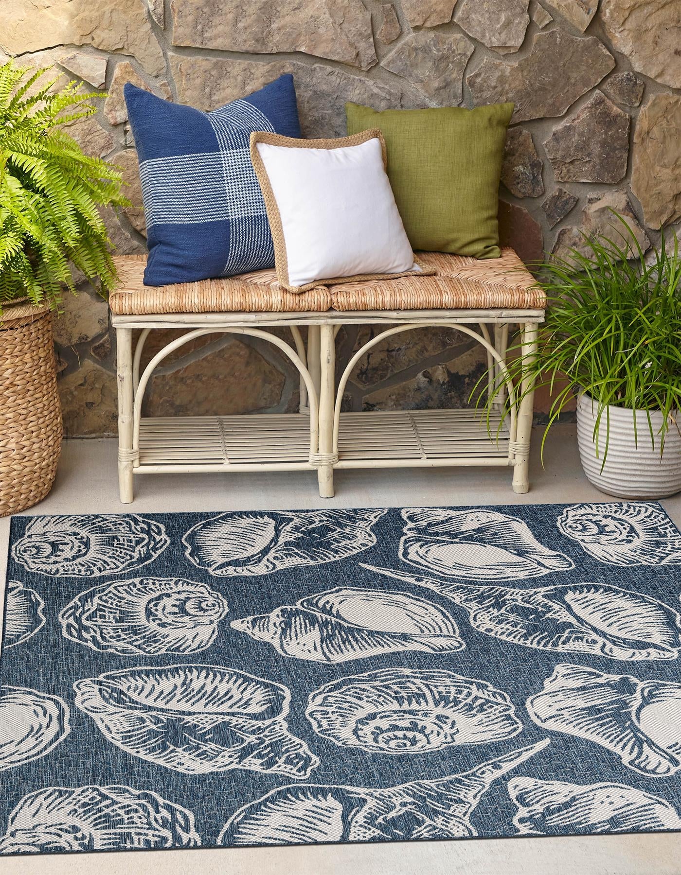 Navy Blue and Ivory 7' 10 x 7' 10 Outdoor Coastal Square Area Rug Weather Resistant for Patio, Deck, Terrace, Balcony, Porch 100% Polypropylene Coastal Decor Carpet for Sale at Rug Engine