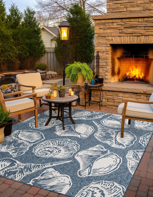Navy Blue and Ivory 10' x 10' Outdoor Coastal Square Area Rug Weather Resistant for Patio, Deck, Terrace, Balcony, Porch 100% Polypropylene Coastal Decor Carpet for Sale at Rug Engine