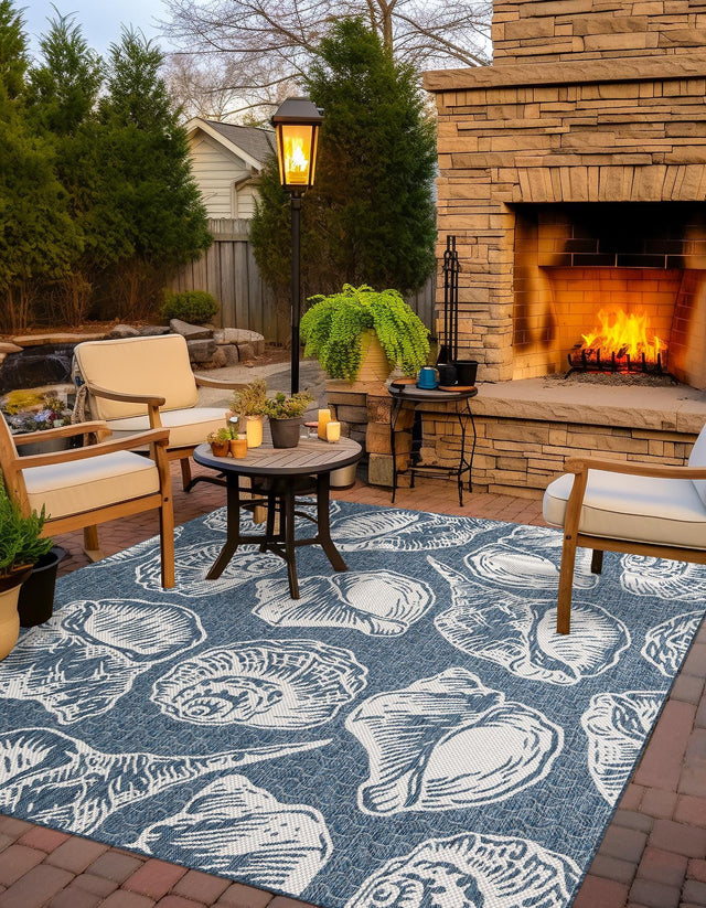 Navy Blue and Ivory 7' 10 x 7' 10 Outdoor Coastal Square Area Rug Weather Resistant for Patio, Deck, Terrace, Balcony, Porch 100% Polypropylene Coastal Decor Carpet for Sale at Rug Engine