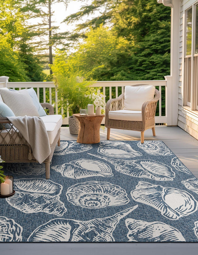 Navy Blue and Ivory 12' x 12' Outdoor Coastal Square Area Rug Weather Resistant for Patio, Deck, Terrace, Balcony, Porch 100% Polypropylene Coastal Decor Carpet for Sale at Rug Engine