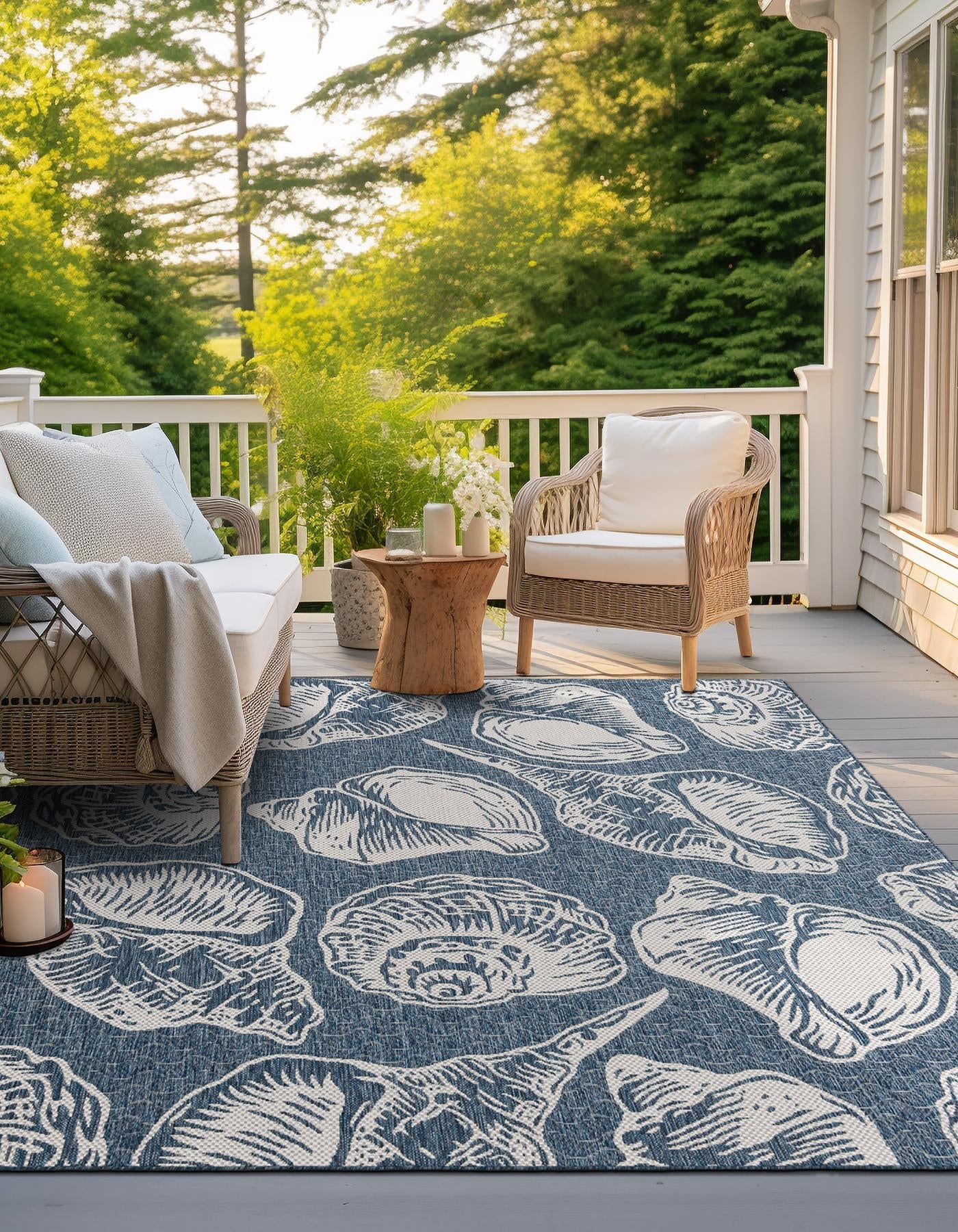 Navy Blue and Ivory 10' x 10' Outdoor Coastal Square Area Rug Weather Resistant for Patio, Deck, Terrace, Balcony, Porch 100% Polypropylene Coastal Decor Carpet for Sale at Rug Engine