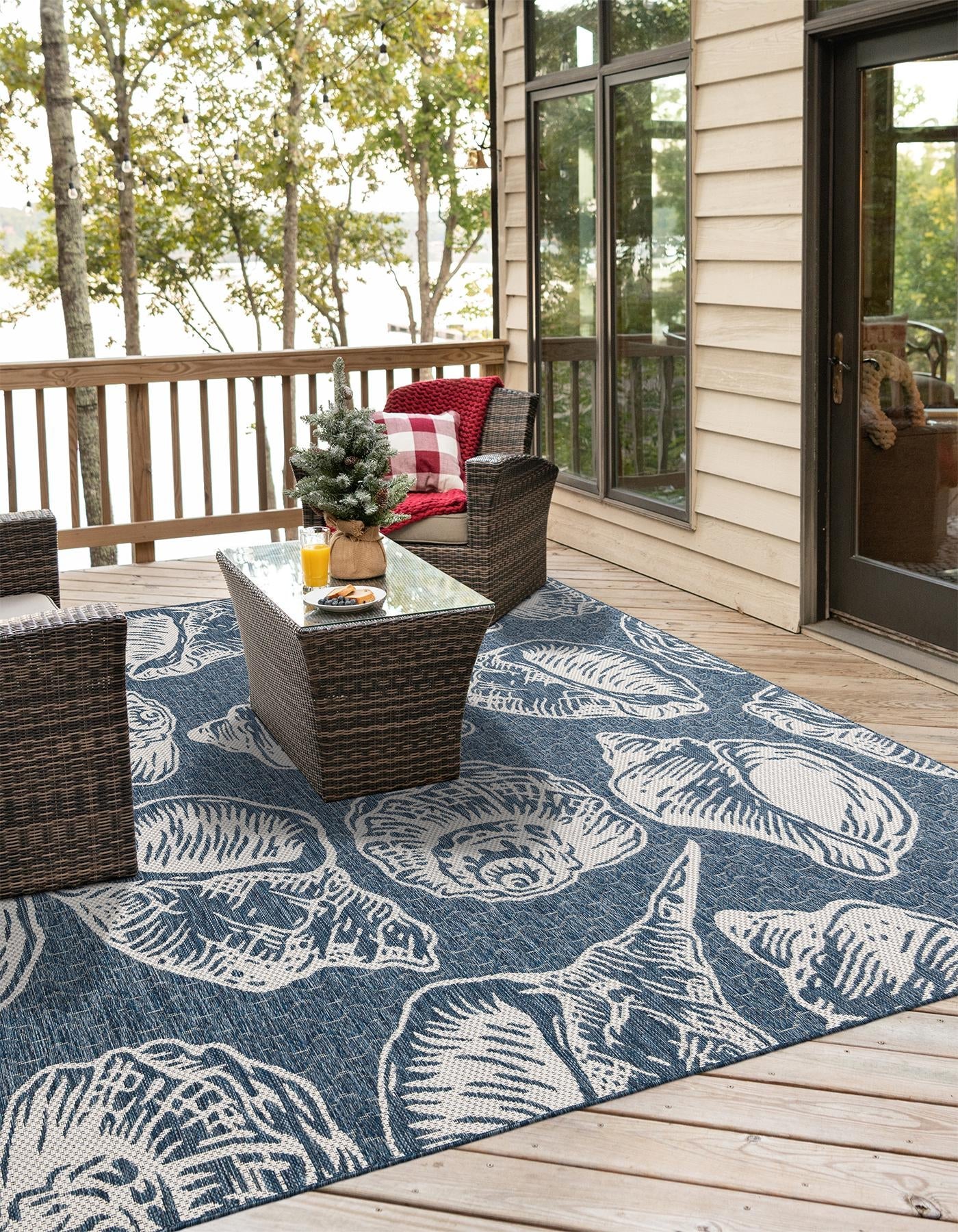 Navy Blue and Ivory 10' x 10' Outdoor Coastal Square Area Rug Weather Resistant for Patio, Deck, Terrace, Balcony, Porch 100% Polypropylene Coastal Decor Carpet for Sale at Rug Engine