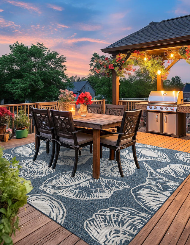 Navy Blue and Ivory 12' x 12' Outdoor Coastal Square Area Rug Weather Resistant for Patio, Deck, Terrace, Balcony, Porch 100% Polypropylene Coastal Decor Carpet for Sale at Rug Engine
