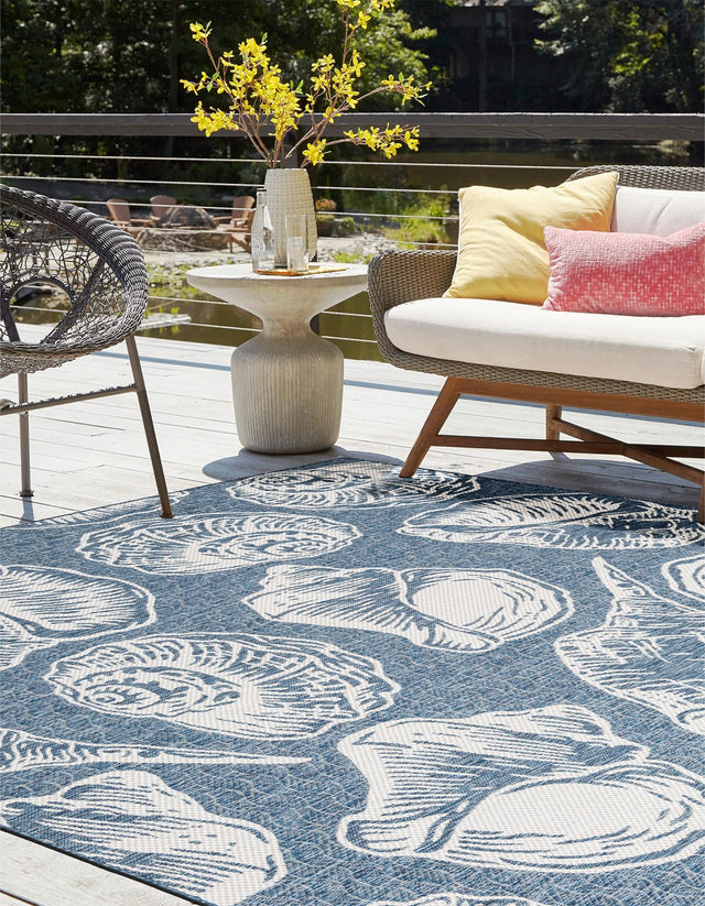 Navy Blue and Ivory 12' x 12' Outdoor Coastal Square Area Rug Weather Resistant for Patio, Deck, Terrace, Balcony, Porch 100% Polypropylene Coastal Decor Carpet for Sale at Rug Engine