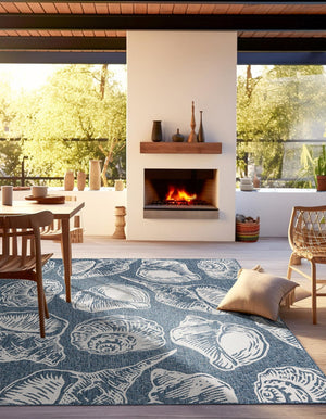 Navy Blue and Ivory 12' x 12' Outdoor Coastal Square Area Rug Weather Resistant for Patio, Deck, Terrace, Balcony, Porch 100% Polypropylene Coastal Decor Carpet for Sale at Rug Engine