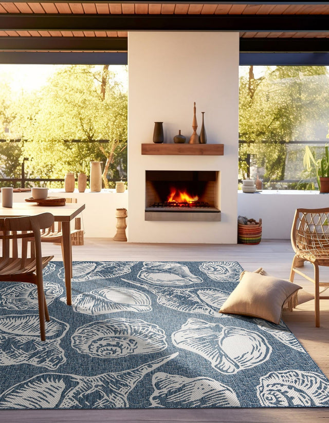 Navy Blue and Ivory 12' x 12' Outdoor Coastal Square Area Rug Weather Resistant for Patio, Deck, Terrace, Balcony, Porch 100% Polypropylene Coastal Decor Carpet for Sale at Rug Engine