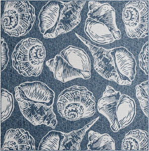 Navy Blue and Ivory 7' 10 x 7' 10 Outdoor Coastal Square Area Rug Weather Resistant for Patio, Deck, Terrace, Balcony, Porch 100% Polypropylene Coastal Decor Carpet for Sale at Rug Engine