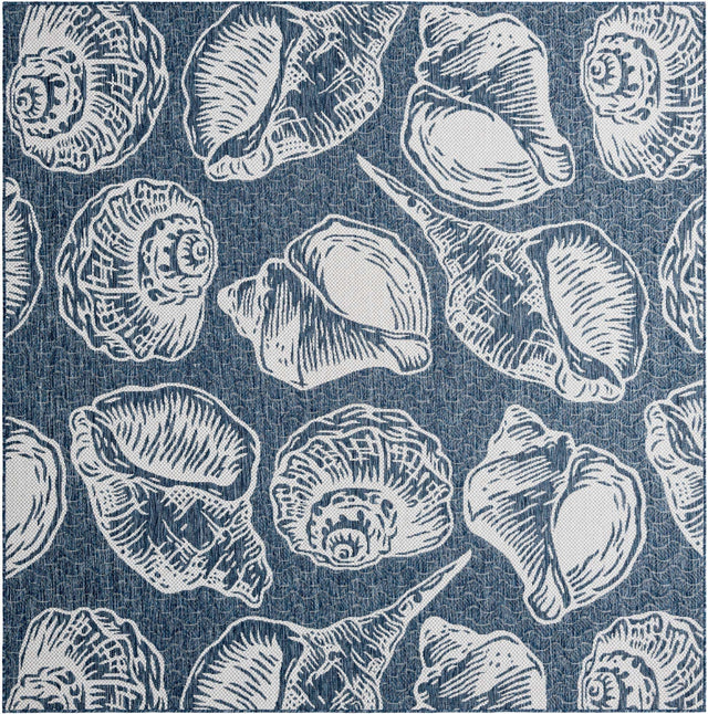 Navy Blue and Ivory 7' 10 x 7' 10 Outdoor Coastal Square Area Rug Weather Resistant for Patio, Deck, Terrace, Balcony, Porch 100% Polypropylene Coastal Decor Carpet for Sale at Rug Engine