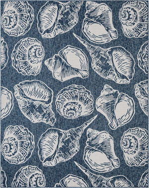 Navy Blue and Ivory 7' 10 x 10' Outdoor Coastal Rectangle Area Rug Weather Resistant for Patio, Deck, Terrace, Balcony, Porch 100% Polypropylene Coastal Decor Carpet for Sale at Rug Engine