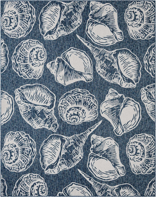 Navy Blue and Ivory 7' 10 x 10' Outdoor Coastal Rectangle Area Rug Weather Resistant for Patio, Deck, Terrace, Balcony, Porch 100% Polypropylene Coastal Decor Carpet for Sale at Rug Engine