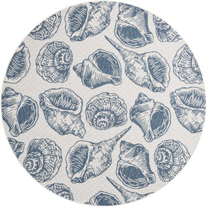 Ivory and Navy Blue 10' x 10' Outdoor Coastal Round Area Rug Weather Resistant for Patio, Deck, Terrace, Balcony, Porch 100% Polypropylene Coastal Decor Carpet for Sale at Rug Engine