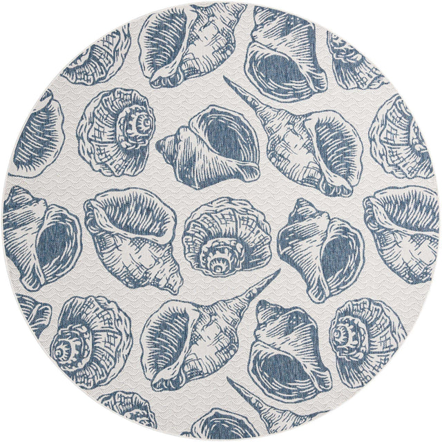 Ivory and Navy Blue 10' x 10' Outdoor Coastal Round Area Rug Weather Resistant for Patio, Deck, Terrace, Balcony, Porch 100% Polypropylene Coastal Decor Carpet for Sale at Rug Engine