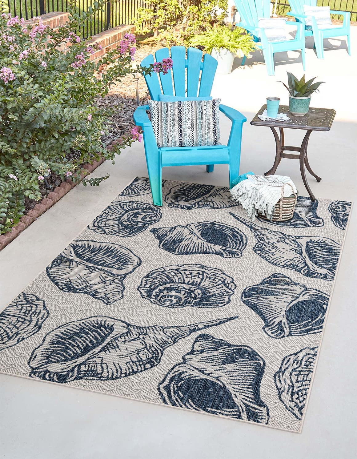 Ivory and Navy Blue 6' 1 x 9' Outdoor Coastal Rectangle Area Rug Weather Resistant for Patio, Deck, Terrace, Balcony, Porch 100% Polypropylene Coastal Decor Carpet for Sale at Rug Engine