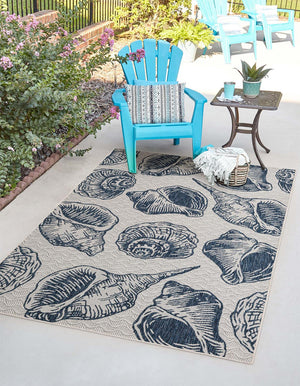 Ivory and Navy Blue 6' 1 x 9' Outdoor Coastal Rectangle Area Rug Weather Resistant for Patio, Deck, Terrace, Balcony, Porch 100% Polypropylene Coastal Decor Carpet for Sale at Rug Engine
