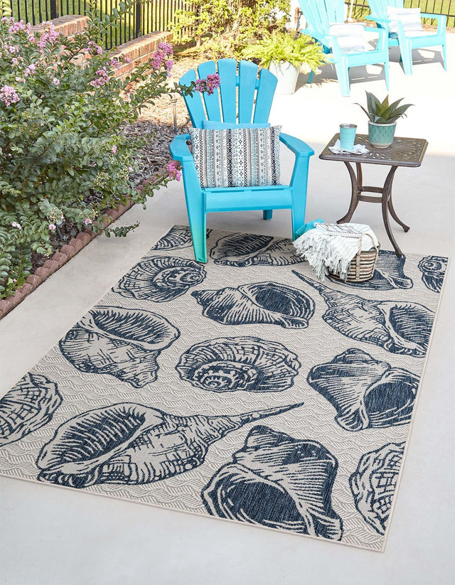 Ivory and Navy Blue 6' 1 x 9' Outdoor Coastal Rectangle Area Rug Weather Resistant for Patio, Deck, Terrace, Balcony, Porch 100% Polypropylene Coastal Decor Carpet for Sale at Rug Engine