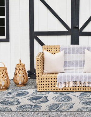Ivory and Navy Blue 5' 3 x 8' Outdoor Coastal Rectangle Area Rug Weather Resistant for Patio, Deck, Terrace, Balcony, Porch 100% Polypropylene Coastal Decor Carpet for Sale at Rug Engine