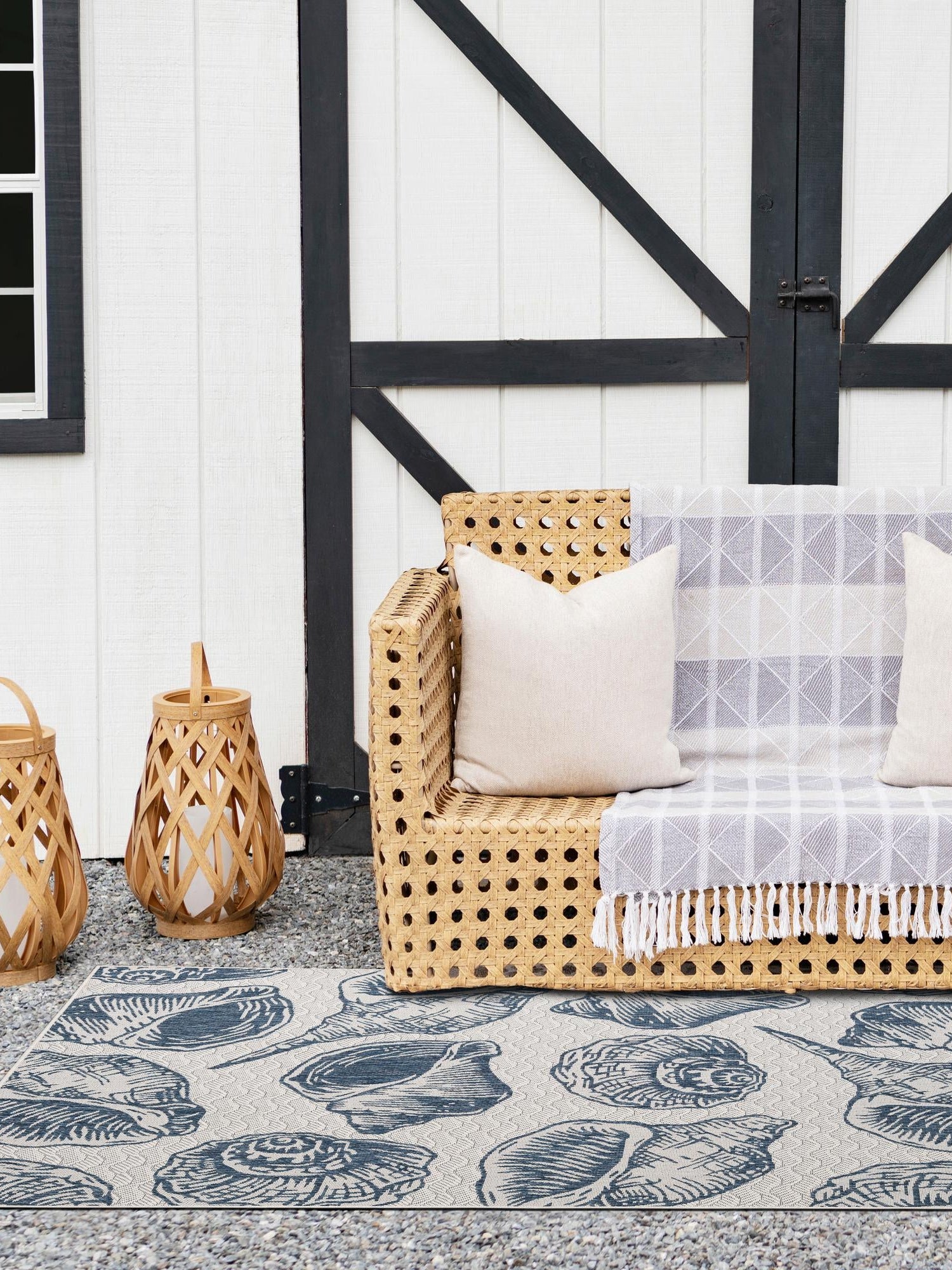 Ivory and Navy Blue 4' 1 x 6' 1 Outdoor Coastal Rectangle Area Rug Weather Resistant for Patio, Deck, Terrace, Balcony, Porch 100% Polypropylene Coastal Decor Carpet for Sale at Rug Engine