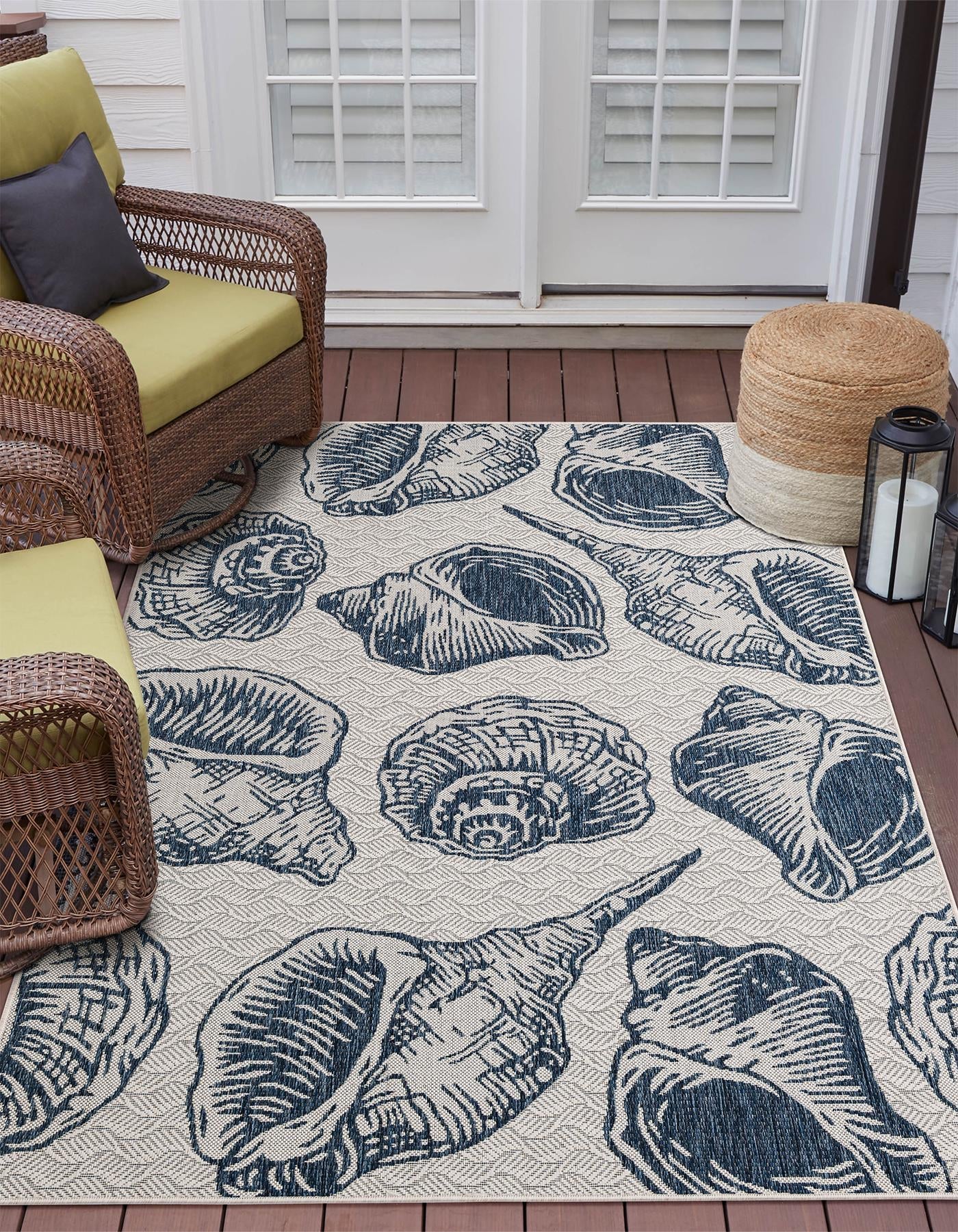 Ivory and Navy Blue 6' 1 x 9' Outdoor Coastal Rectangle Area Rug Weather Resistant for Patio, Deck, Terrace, Balcony, Porch 100% Polypropylene Coastal Decor Carpet for Sale at Rug Engine