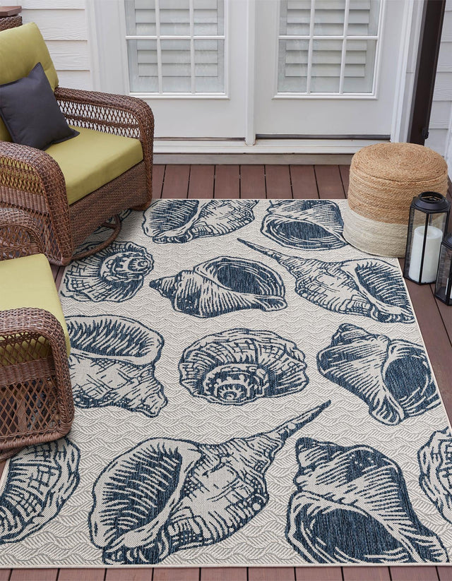 Ivory and Navy Blue 7' 10 x 10' Outdoor Coastal Rectangle Area Rug Weather Resistant for Patio, Deck, Terrace, Balcony, Porch 100% Polypropylene Coastal Decor Carpet for Sale at Rug Engine