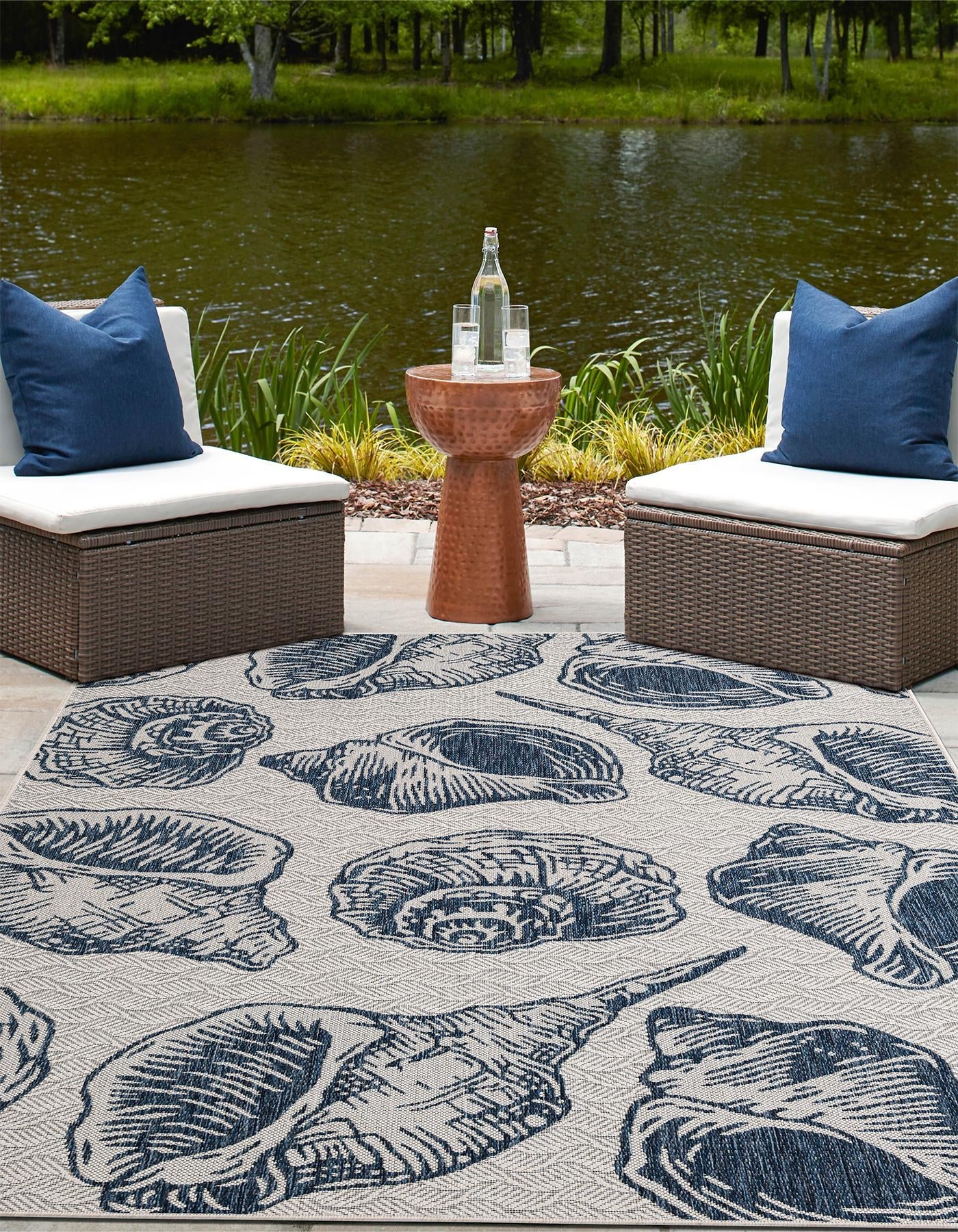 Ivory and Navy Blue 5' 3 x 7' 1 Outdoor Coastal Rectangle Area Rug Weather Resistant for Patio, Deck, Terrace, Balcony, Porch 100% Polypropylene Coastal Decor Carpet for Sale at Rug Engine