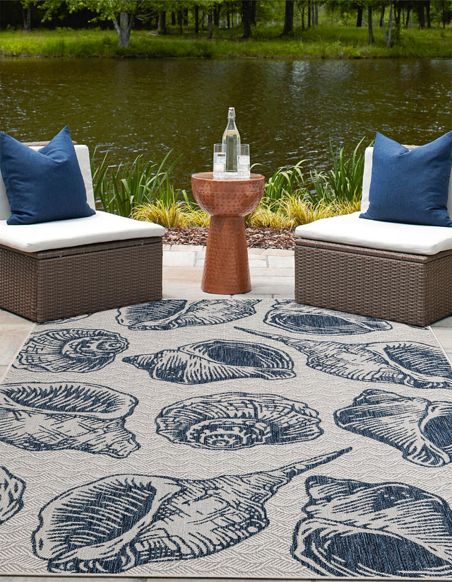 Ivory and Navy Blue 4' 1 x 6' 1 Outdoor Coastal Rectangle Area Rug Weather Resistant for Patio, Deck, Terrace, Balcony, Porch 100% Polypropylene Coastal Decor Carpet for Sale at Rug Engine