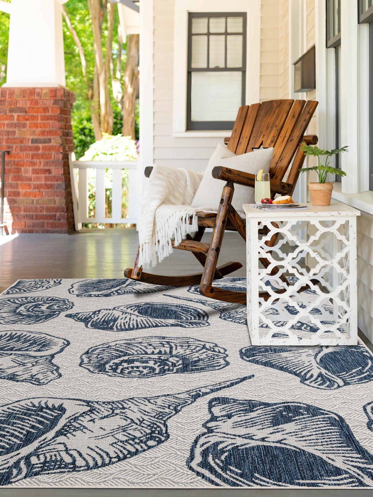 Ivory and Navy Blue 7' 10 x 10' Outdoor Coastal Rectangle Area Rug Weather Resistant for Patio, Deck, Terrace, Balcony, Porch 100% Polypropylene Coastal Decor Carpet for Sale at Rug Engine