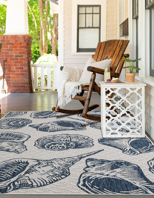 Ivory and Navy Blue 7' 10 x 10' Outdoor Coastal Rectangle Area Rug Weather Resistant for Patio, Deck, Terrace, Balcony, Porch 100% Polypropylene Coastal Decor Carpet for Sale at Rug Engine
