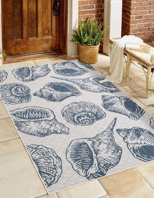 Ivory and Navy Blue 5' 3 x 8' Outdoor Coastal Rectangle Area Rug Weather Resistant for Patio, Deck, Terrace, Balcony, Porch 100% Polypropylene Coastal Decor Carpet for Sale at Rug Engine