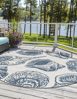 Ivory and Navy Blue 10' x 10' Outdoor Coastal Round Area Rug Weather Resistant for Patio, Deck, Terrace, Balcony, Porch 100% Polypropylene Coastal Decor Carpet for Sale at Rug Engine