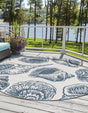 Ivory and Navy Blue 10' x 10' Outdoor Coastal Round Area Rug Weather Resistant for Patio, Deck, Terrace, Balcony, Porch 100% Polypropylene Coastal Decor Carpet for Sale at Rug Engine