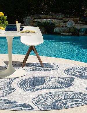 Ivory and Navy Blue 10' x 10' Outdoor Coastal Round Area Rug Weather Resistant for Patio, Deck, Terrace, Balcony, Porch 100% Polypropylene Coastal Decor Carpet for Sale at Rug Engine