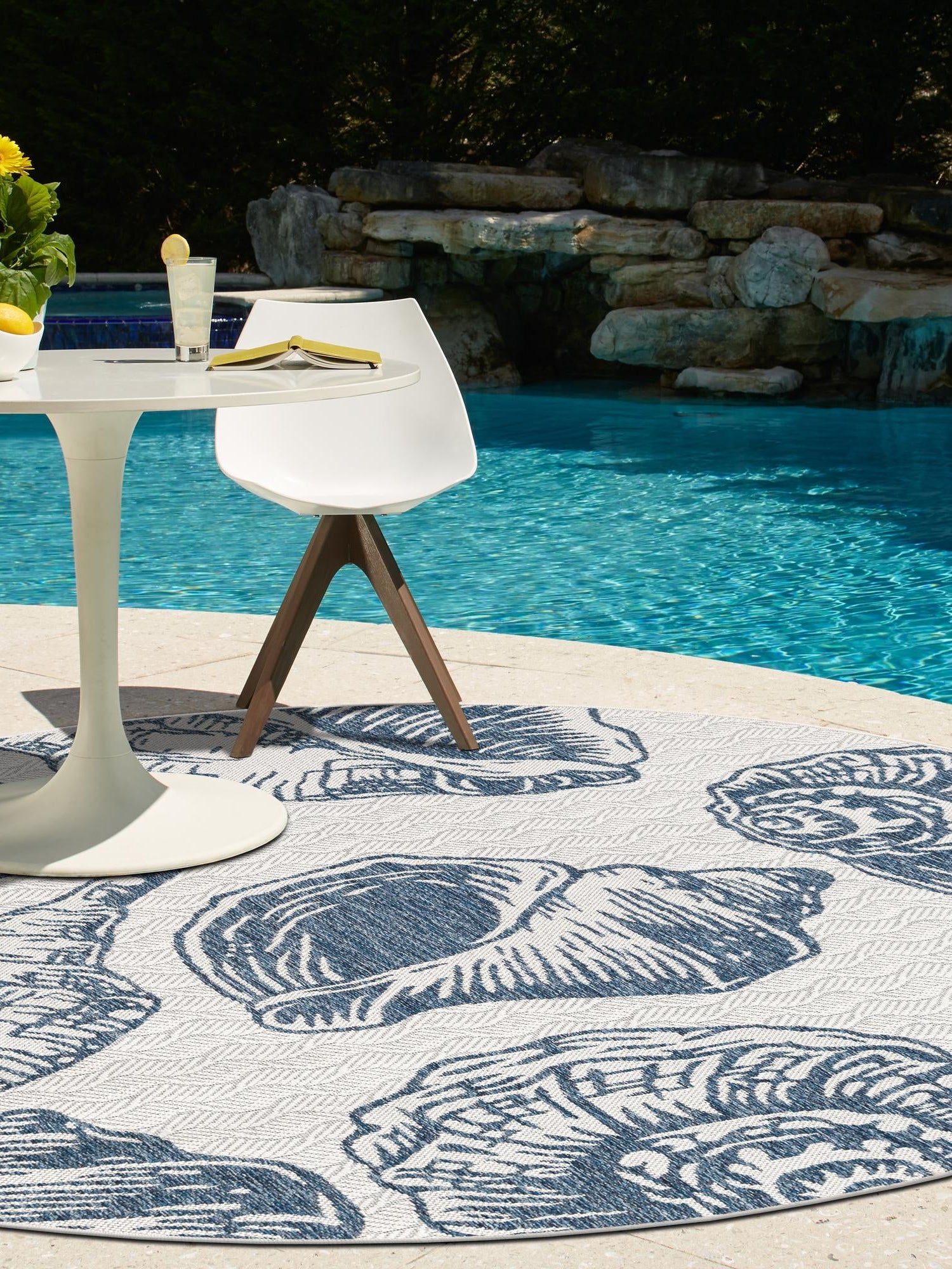 Ivory and Navy Blue 12' x 12' Outdoor Coastal Round Area Rug Weather Resistant for Patio, Deck, Terrace, Balcony, Porch 100% Polypropylene Coastal Decor Carpet for Sale at Rug Engine
