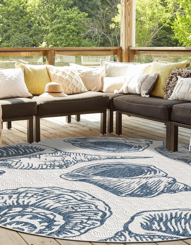 Ivory and Navy Blue 10' x 10' Outdoor Coastal Round Area Rug Weather Resistant for Patio, Deck, Terrace, Balcony, Porch 100% Polypropylene Coastal Decor Carpet for Sale at Rug Engine